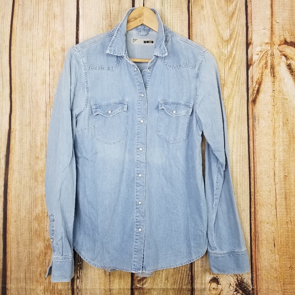 TOPSHOP Shirt denim Western Style Snap Down Blue
